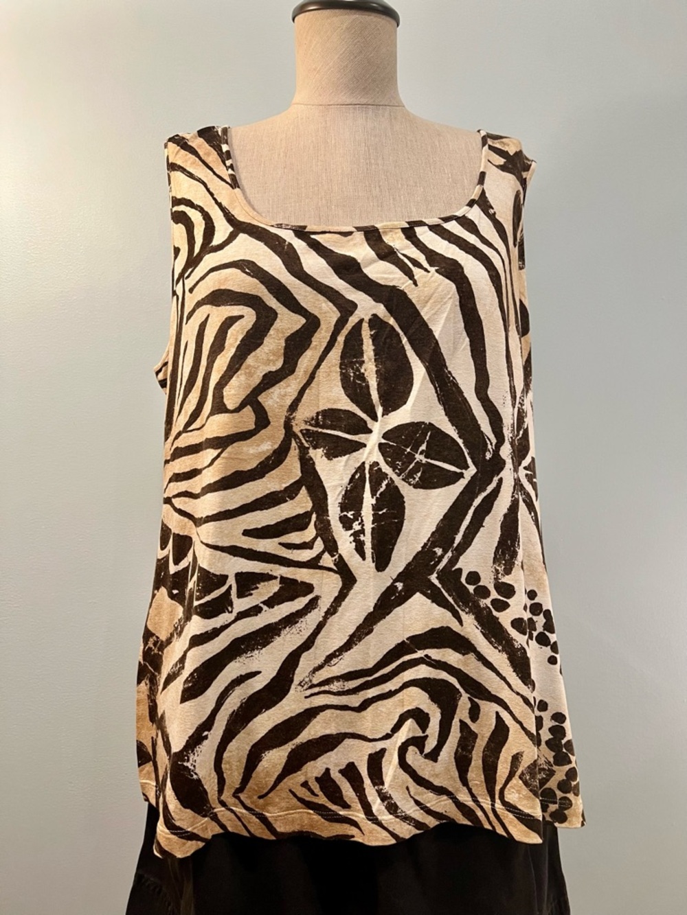 Elena Miro Sleeveless Abstract Zebra Print Tank Top in Brown, Tan and Cream